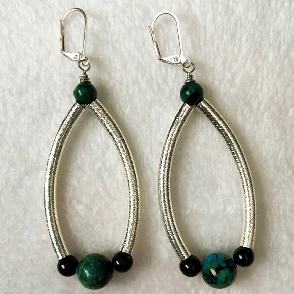 Chrysocolla and Garnet with Silver Genuine Gemstone Earrings, Handmade Original - Picture 3 of 5